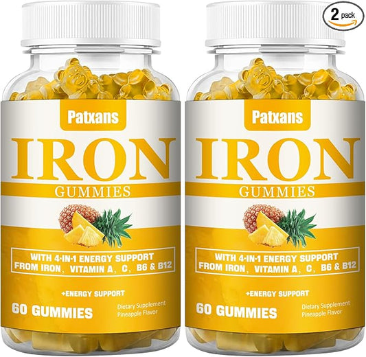 2 Packs 100MG Iron Supplement Gummies for Women & Men - with Vitamin A, C, B - Energy Support for Iron Deficiency, Anemia, Adults ＆ Children, Pineapple Flavor Gummy, 120ct.