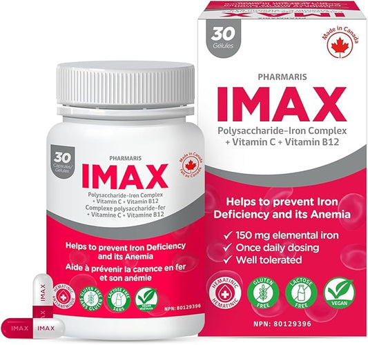 IMAX 150 mg Iron Supplement, 250 mg VIT C, 1000 mcg VIT B12, 30 Capsules, Treatment for Iron Deficiency Anemia, Once Daily Dosing