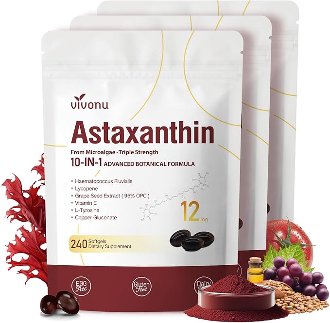 Astaxanthin 12mg, 720 Softgels, Fresh Haematococcus Pluvialis 10 in 1 Astaxanthin Antioxidant Supplements, Contains Lycopene, Grape Seed, Vitamin E, Supports Eye Joints Skin Health, 3Bag