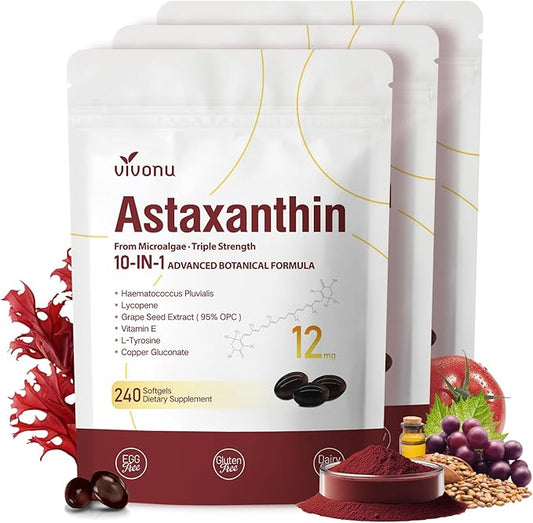 Astaxanthin 12mg, 720 Softgels, Fresh Haematococcus Pluvialis 10 in 1 Astaxanthin Antioxidant Supplements, Contains Lycopene, Grape Seed, Vitamin E, Supports Eye Joints Skin Health, 3Bag