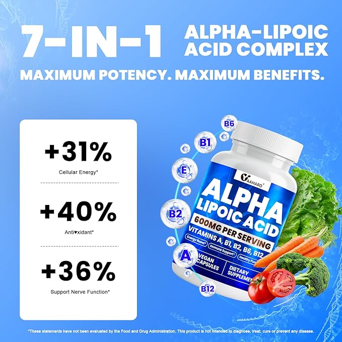 Alpha Lipoic Acid 600mg, ALA Supplement for Energy Boost, Immune Support, Healthy Function, and Enhanced Absorption, R-Alpha Lipoic Acid with Essential Vitamins, 120 Capsules