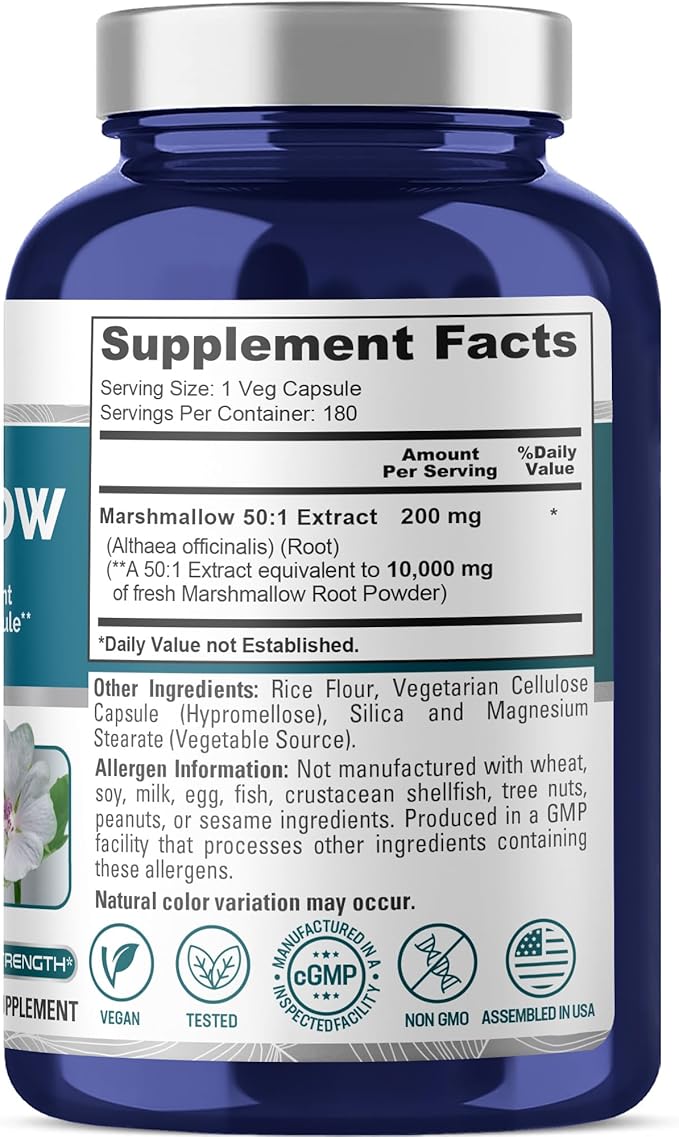NusaPure Marshmallow Root 50:1 Extract, 200 mg Equivalent to 10,000mg Per Veggie Caps 180 Count (Non-GMO, Vegan) Bioperine