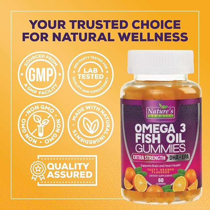 Omega 3 Fish Oil Gummies Triple Strength Vitamin - DHA & EPA with Fatty Acids for Heart Health, Joint, Brain Support Fish Oil Omega-3 Supplement Nature's High Absorption Orange Flavor Gummy, 60 Count
