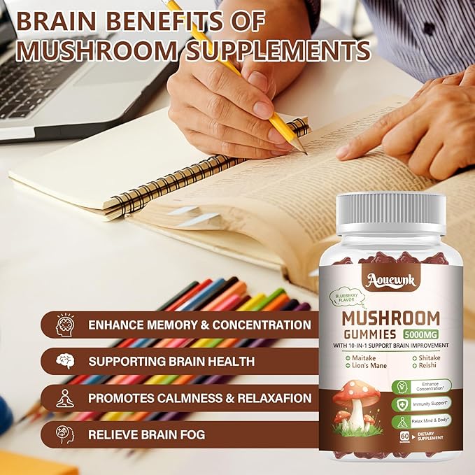 2 Pack 5000MG Mushroom Gummies - 10-in-1 Blend Mushroom Complex Supplement containing Lion's Mane, Immunity, Focus & Energy, Support Adults & Kids, 120 Cts