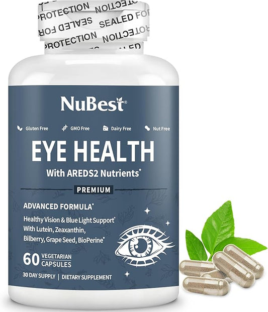 NuBest AREDS 2 Eye Vitamins with Beta Carotene Carrot Powder, 20mg Lutein, 4mg Zeaxanthin, Bilberry, Grape Seed, BioPerine, B-Complex, Multivitamin for Eye Health | 60 Vegan Capsules | 1 Month Supply