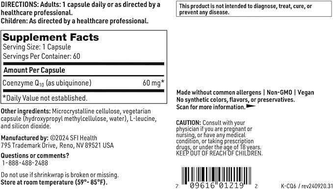 Klaire Labs SFI Health Coenzyme Q10-60 Milligrams CoQ10 as Ubiquinone, Hypoallergenic Formula for Cardiovascular & Cellular Energy Support (60 Vegetarian Capsules)