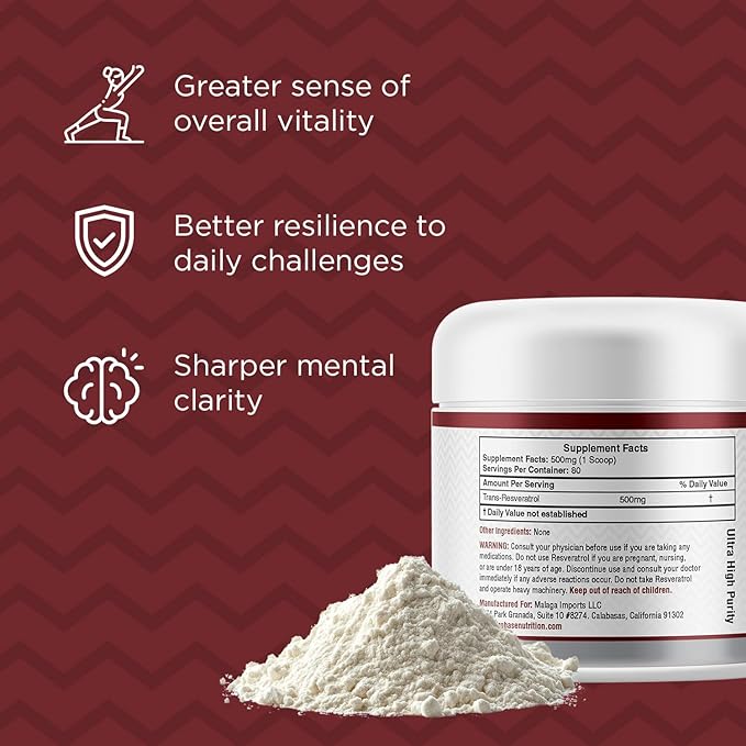 Trans Resveratrol Supplement, High Purity Resveratrol Powder for Age Support, 40-Day Supply, 40 Grams