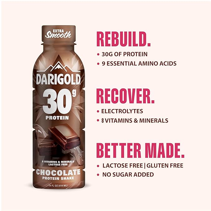 Darigold Ready to Drink Chocolate Protein Shake, 30g Protein, No Added Sugar, Lactose Free, Only 170 Calories, Electrolytes, Gluten Free - 14oz bottles 12 pack