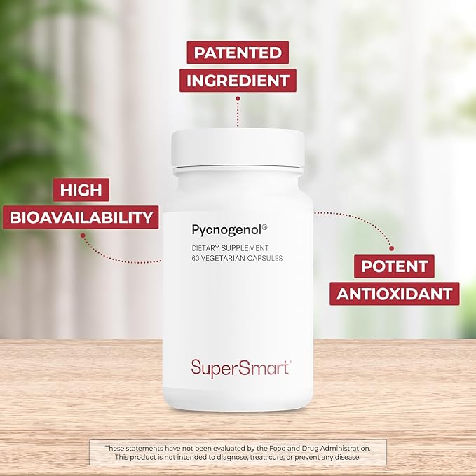 Supersmart Pycnogenol 200mg per Day (Patented & Highly Bioavailable) - French Maritime Pine Bark Extract | Non-GMO & Gluten Free - 60 Vegetarian Capsules