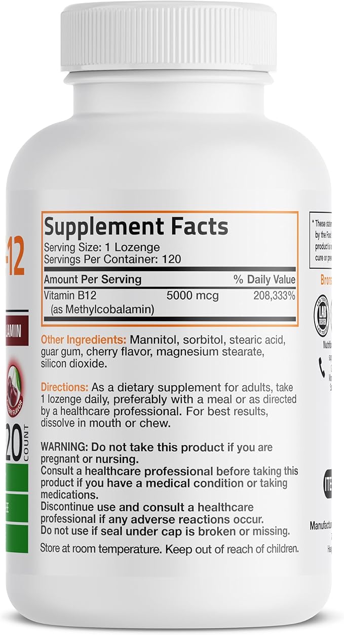 Bronson Methyl B12 5000 mcg Vitamin B12 Methylcobalamin Energy & Brain Support, 120 Lozenges