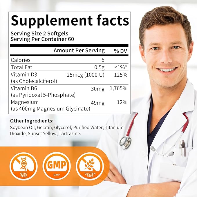 Magnesium Supplement Softgels, Easy Absorption Magnesium Glycinate 400mg with Vitamin B6,D3, High Bioavailability Magnesium for Sleep & Calm Support, Nervous, Muscle & Bone Health