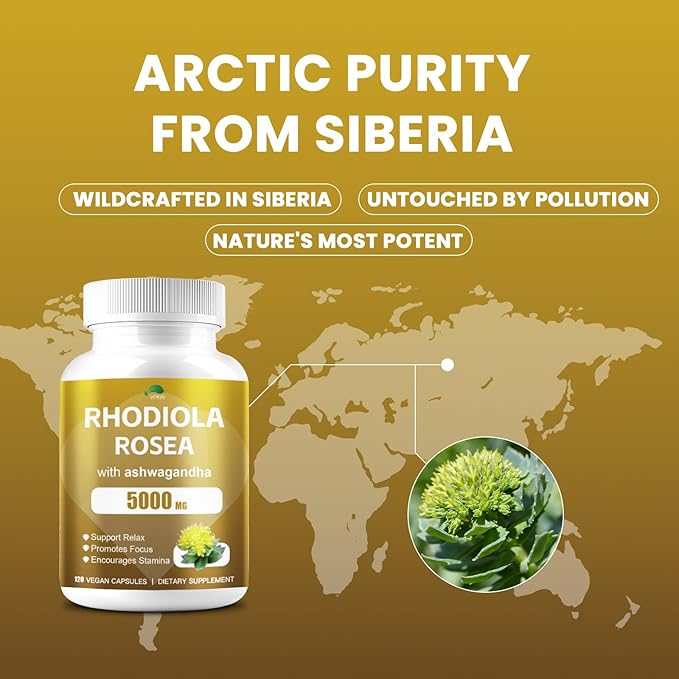 4000MG Rhodiola Rosea with Ashwagandha,Organic Rhodiola Rosea Supplement,Natural Adaptogen for Clarity & Vitality, 120 Capsules