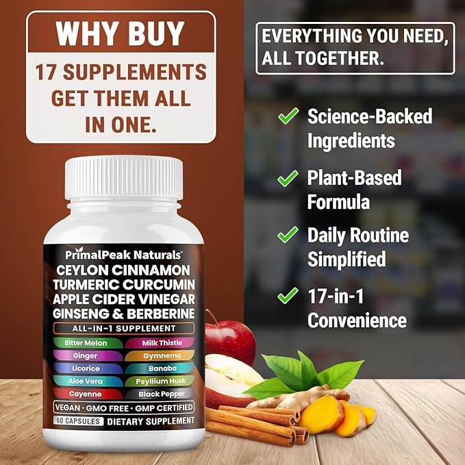 Ceylon Cinnamon Apple Cider Vinegar Turmeric Curcumin Panax Ginseng Berberine with Bitter Melon Banaba Milk Thistle Gymnema Sylvestre Vegan Capsules - 180 Count