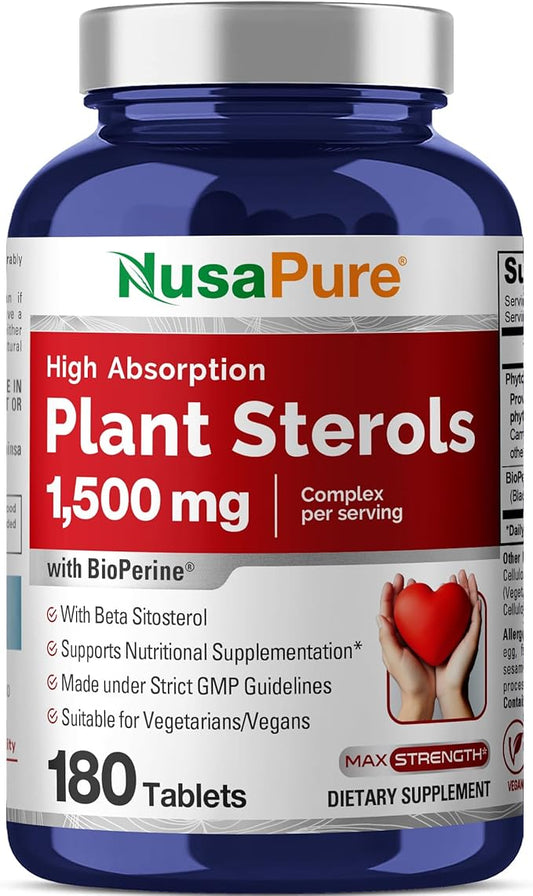 NusaPure Plant Sterols 1500 mg - 180 Tablets (Non-GMO, Vegan) Beta Sitosterol, Bioperine