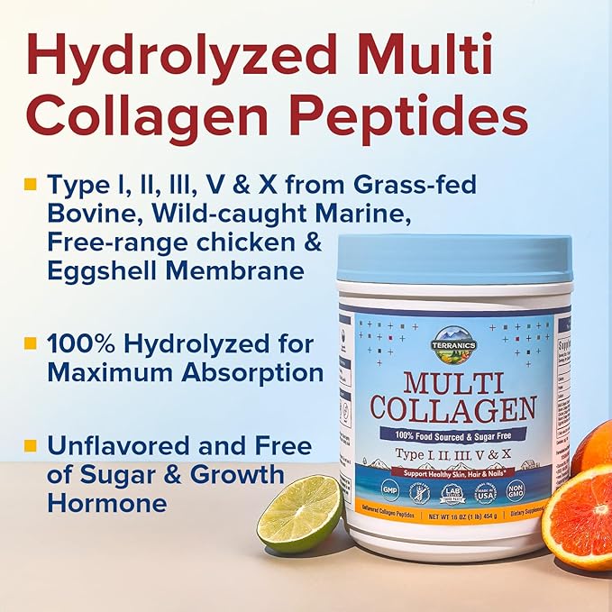 Terranics Multi Collagen Peptides Powder, Type I II III V X Hydrolyzed Collagen for Women+Men, Collagen Supplements for Skin Nail Hair, Fast Dissolve, Unflavored Colageno, No Sugar, Keto, 16oz