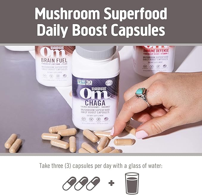 OM MUSHROOM SUPERFOOD Chaga Mushroom Capsules Supplement, Sacred Antioxidants & Immune Support, 90 Count, 30 Days