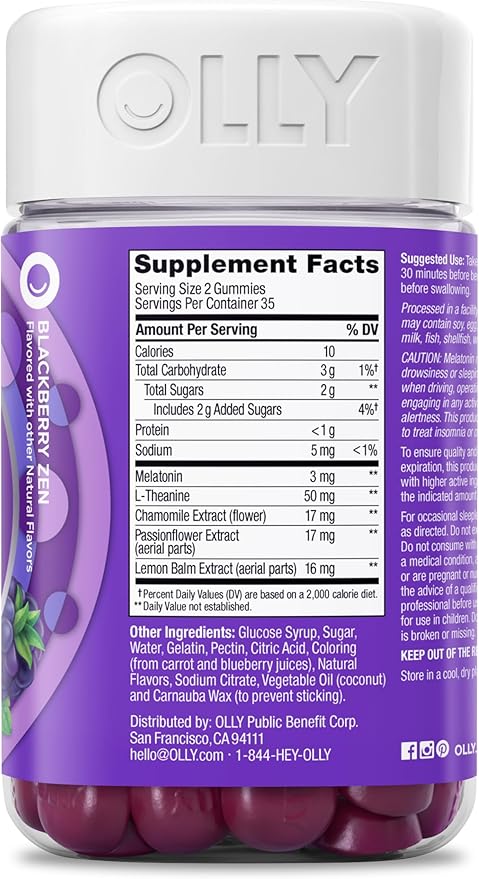 OLLY Sleep Gummy, 3 mg Melatonin, L-Theanine, Chamomile, Lemon Balm, Sleep Aid, Blackberry - 70 Count