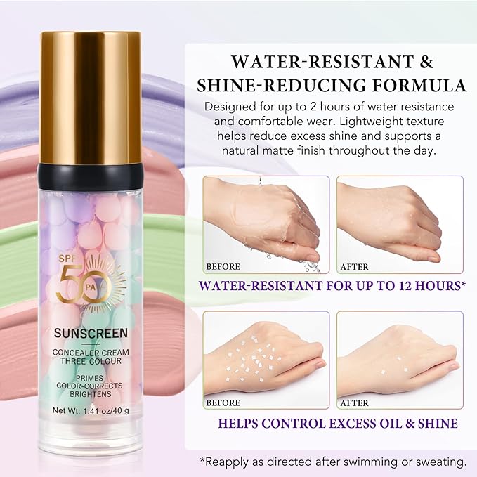3 Color Sunscreen Concealer Cream, SPF50+ Face Moisturizing Sunscreen Skin Tone Correcting Isolation Cream, Even Skin Tone & Natural Radiance, Oil-Control & Hydrating Color Correcting Makeup Primer