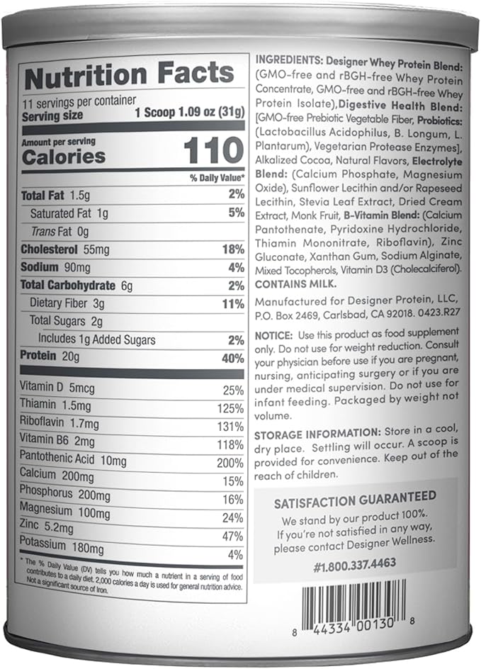 Designer Wellness, Designer Whey, Natural Whey Protein Powder with Probiotics, Fiber, and Key B-Vitamins for Energy, Gluten-Free, Gourmet Chocolate, 12oz