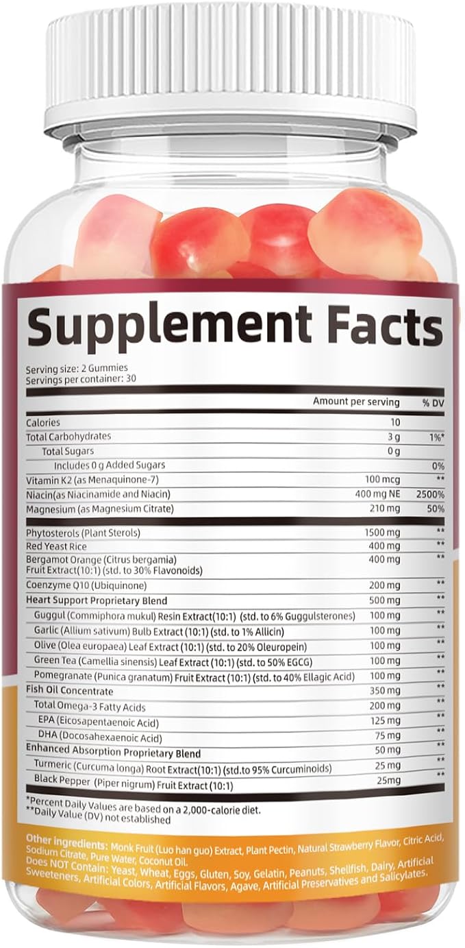 Cholesterol Supplements with Plant Sterols, Red Yeast Rice & COQ10 etc, 17-in-1 Cholesterol Complex Gummies for Heart & Cholesterol Health, Energy Support, Non-GMO, Strawbreey Flavor, 60 Gummies.