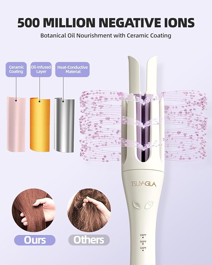 Automatic Hair Curler, 1 1/4 Inch Rotating Curling Iron with 3 Temp, 500 Million Ionic, 2-Way Rotation,10S Fast Heating, Anti-Scald, Anti-Tangle Rotating Curling Wand for Different Hair Types