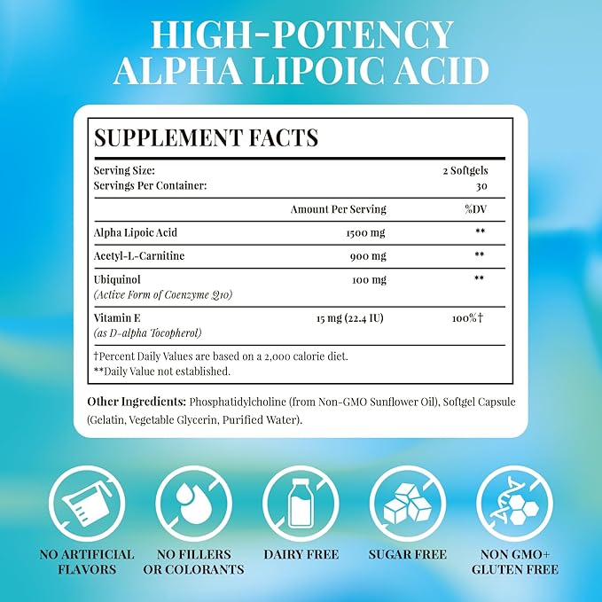 Fogoro Alpha Lipoic Acid 1500 mg-Liposomal ALA Supplement for Cellular Energy Production,Lipid Metabolism,Free Radical Scavenger,60 Softgels