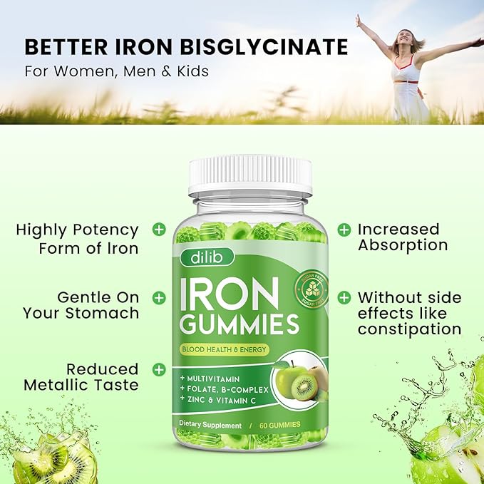 Iron Gummies with Multivitamin, Iron Supplement for Women & Men with Zinc, Vitamin B Complex & C, B12, Folate - Blood Builder & Energy Support for Adults & Kids - Green Apple & Kiwi Filled Gummies