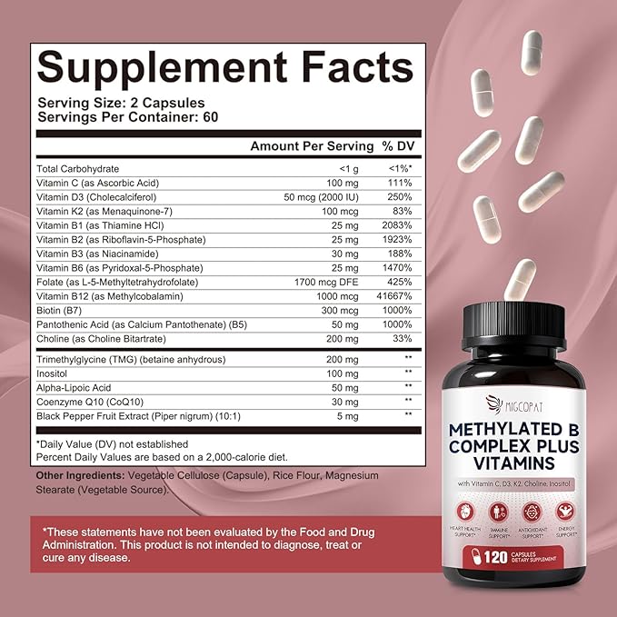 16-in-1 Methylated Multivitamin Plus, Methylated B Complex with Vitamin B12 & Methylfolate, B1-B7, CoQ10 & Alpha Lipoic Acid, Vitamin B Complex for Energy, Brain, Heart, Immunity &Antioxidant,120 Caps