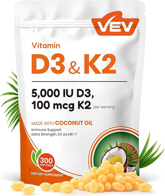 VEV Vitamin D3 K2, 5000 IU D3 100mcg K2 (MK 7), 300 Softgels, Corefeel 2-in-1 Vitamin D & K Supplement with Coconut Oil, Supports Calcium Absorption and Bone Health, Easy to Swallow
