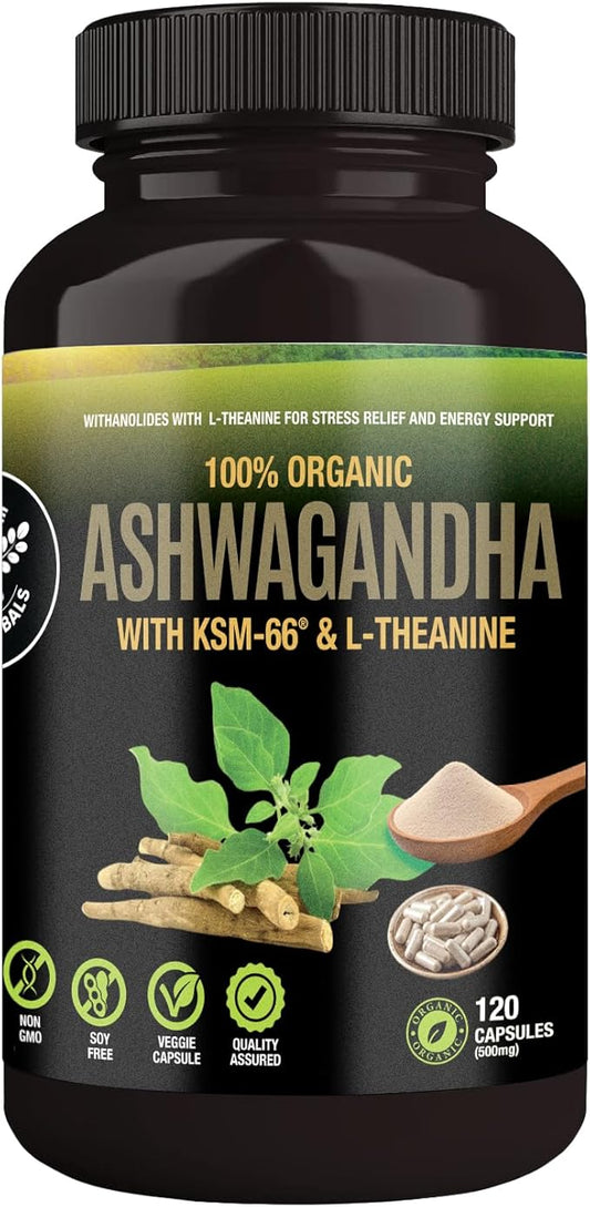 Organic Ashwagandha Capsules 500 mg with KSM-66® & L-Theanine, 120 Veggie Capsules – Non-GMO, Gluten-Free, Soy-Free – Withania Somnifera Herbal Supplement