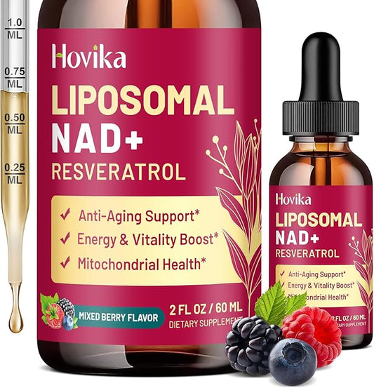 Liposomal NAD Supplement - 1200mg NAD+ Liquid Drops for Women & Men with Resveratrol, Black Pepper Extract - Support Anti-Aging, Brain & Cellular Mitochondrial Health - 2 Fl Oz Mixed Berry Flavor