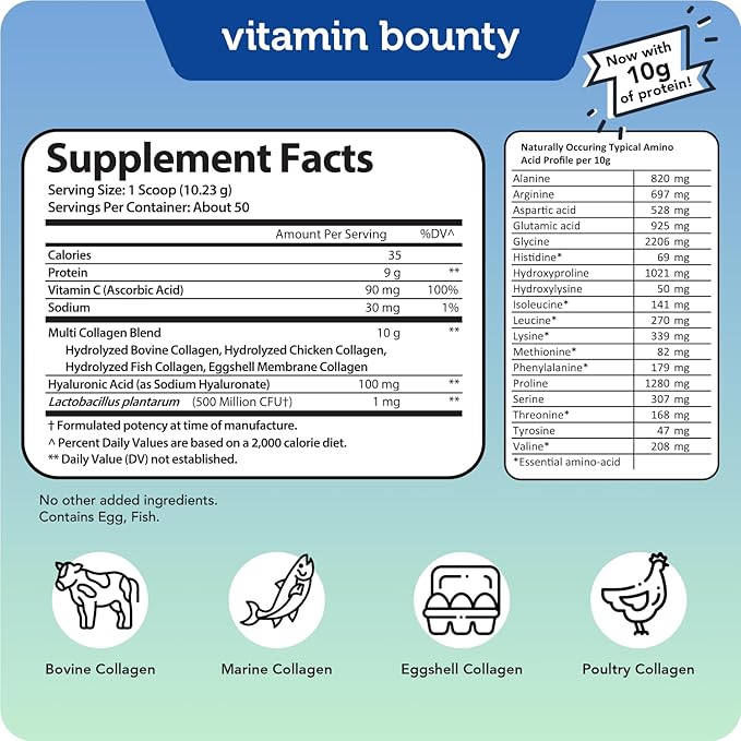 Vitamin Bounty Multi Collagen Complex Plus Powder - 5 Types of Hydrolyzed Collagen Peptides for Women & Men Skin, Hair, Joints & Gut Health w/Vitamin C, Hyaluronic Acid & Probiotics | 50 Servings