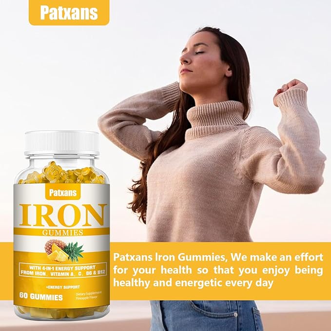 2 Packs 100MG Iron Supplement Gummies for Women & Men - with Vitamin A, C, B - Energy Support for Iron Deficiency, Anemia, Adults ＆ Children, Pineapple Flavor Gummy, 120ct.