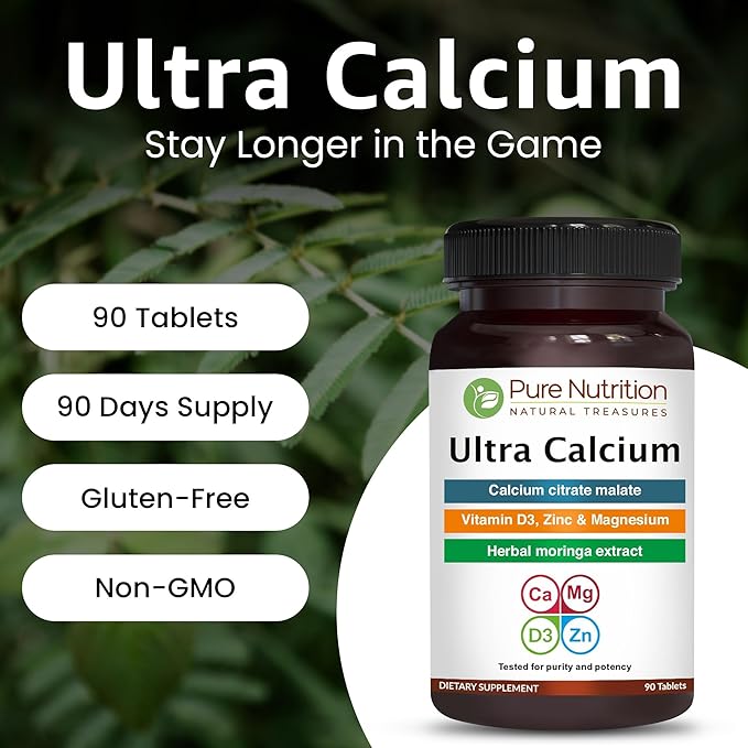 Pure Nutrition Ultra Calcium 1000mg with VIT D3 + K2 | 180 Tabs (90 X Pack of 2) | Highly absorbable Calcium Supplement with Calcium Citrate Malate, VIT D3, K2, Moringa Oleifera, Magnesium and Zinc.