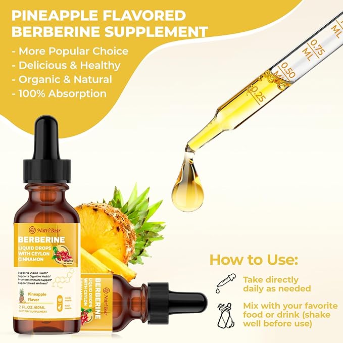 Berberine Supplement with Ceylon Cinnamon, Berberine HCL Liquid Drops with Turmeric, Bitter Melon, Quercetin, 10X Strength AMPK for Digestion System, Immune Health Support -Vegetarian, 2 fl oz