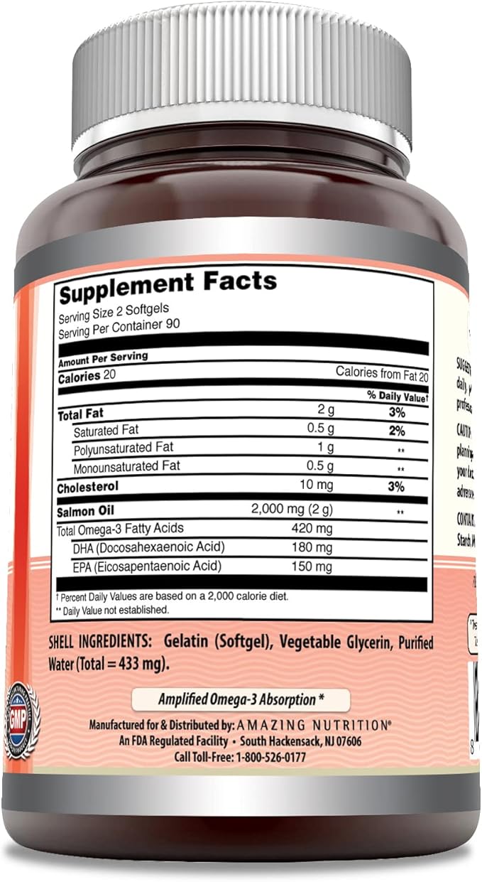 Amazing Omega Wild Alaskan Salmon Oil Supplement | 2000 Mg per Serving | 180 Softgels | Non-GMO | Gluten-Free | Made in USA