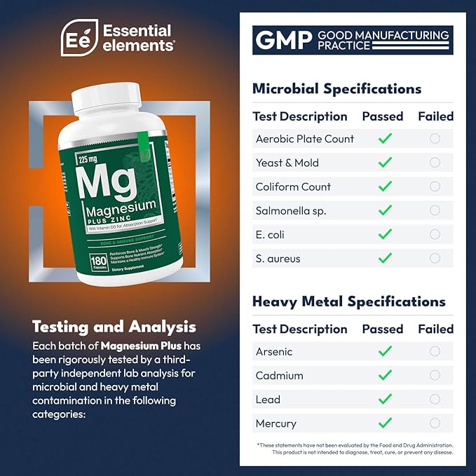 Essential Elements Magnesium & Zinc with Vitamin D3 for Sleep Immune & Bone Support - Magnesium Glycinate, Malate, Citrate 200mg - Triple Magnesium Supplement for Women and Men - 3 Month Supply