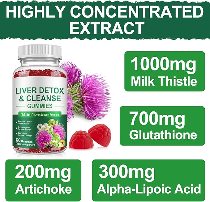 Gummy Milk Thistle, Liver Support Supplement, Immunity & Overall Health, for Your Liver Cleanse Detox & Repair, Promotes Optimal Liver Function, Glutathione, with Alpha Lipoic Acid, 60 Count