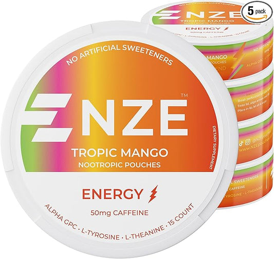 NZE Caffeine Nootropic Pouches (Tropic Mango) - Energy Pouches with 50mg Caffeine, Alpha GPC, L-Tyrosine & L-Theanine - No Sugar or Artificial Sweeteners - 15 Nicotine Free Pouches Per Can - 5 Pack