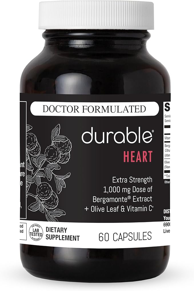 Durable Heart – Bergamonte Citrus Bergamot 1,000 mg + Olive Leaf Extract + Vitamin C - Heart Health Supplement for Healthy Cholesterol - Doctor Formulated, Vegan, Non-GMO, Made in USA (60 Capsules)