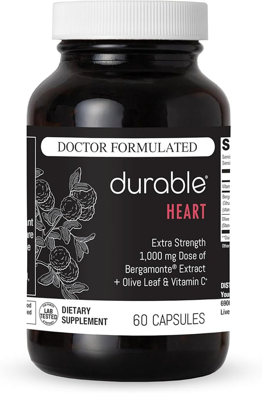 Durable Heart – Bergamonte Citrus Bergamot 1,000 mg + Olive Leaf Extract + Vitamin C - Heart Health Supplement for Healthy Cholesterol - Doctor Formulated, Vegan, Non-GMO, Made in USA (60 Capsules)