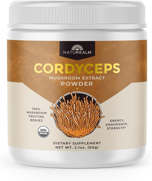 Naturealm Cordyceps Mushroom Powder - Organic Mushroom Extract for Focus, Energy & Mental Clarity - 100% Mushroom Fruiting Bodies - Cordyceps Militaris Supplement (60 Servings)