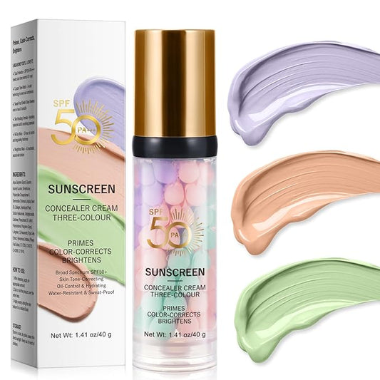 3 Color Sunscreen Concealer Cream, SPF50+ Face Moisturizing Sunscreen Skin Tone Correcting Isolation Cream, Even Skin Tone & Natural Radiance, Oil-Control & Hydrating Color Correcting Makeup Primer