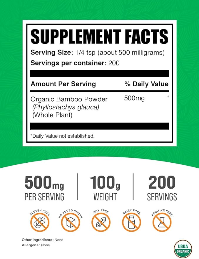 BulkSupplements.com Organic Bamboo Powder - Silica Supplements, Bamboo Supplement, Gluten Free - 500mg per Serving, 100g (3.5 oz) (Pack of 1)