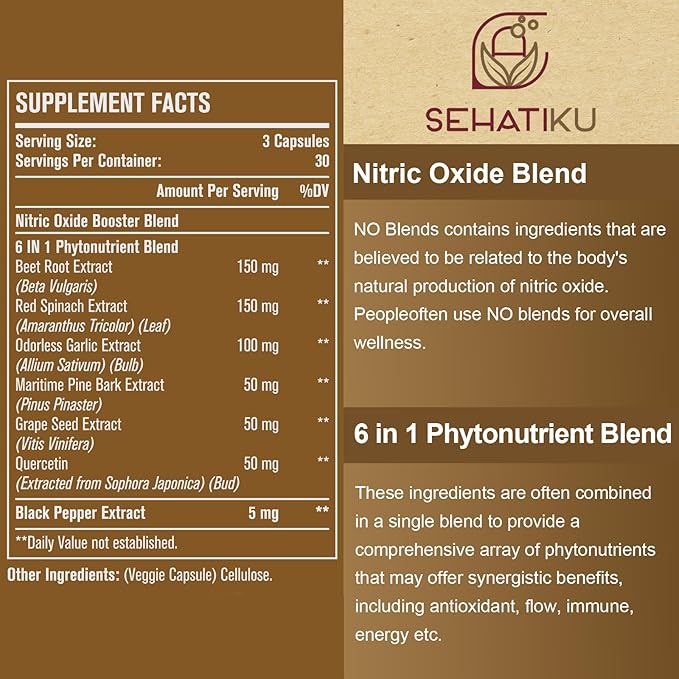 Nitric Oxide Supplement, Nitric Oxide Booster & 6-in-1 Phytonutrient Blend for Heart, Flow, Immune - 90 Capsules (2 Bottle)
