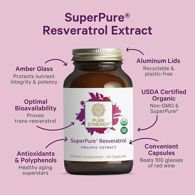 PURE SYNERGY SuperPure Resveratrol Extract | Organic Resveratrol Supplement | Antioxidant Trans-Resveratrol Extract with Grape Polyphenols | for Healthy Aging, Heart, and Skin Health (60 Capsules)