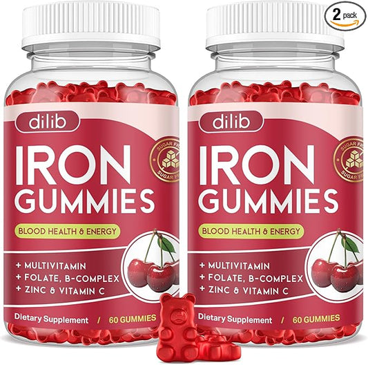 Iron Gummies with Multivitamin, Iron Supplement for Women & Men, Kids Multivitamin with Iron, Zinc, Vitamin B Complex & C, B12, Folate - Blood Builder, Energy Support, Cherry Flavor, Vegan 120 Gummies