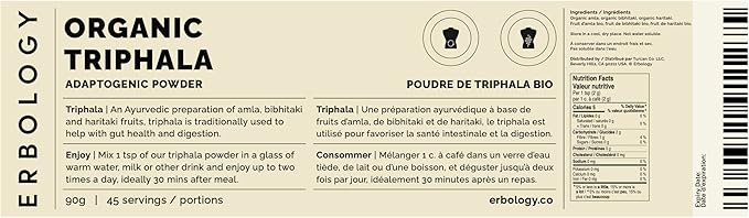 Erbology Organic Triphala Powder 3.2 oz - 45 Servings - Ayurvedic Blend of Amla, Haritaki and Bibhitaki - Gut Health - Sustainably Sourced Straight from Farm in India - Small Batch - Vegan - GMO-Free