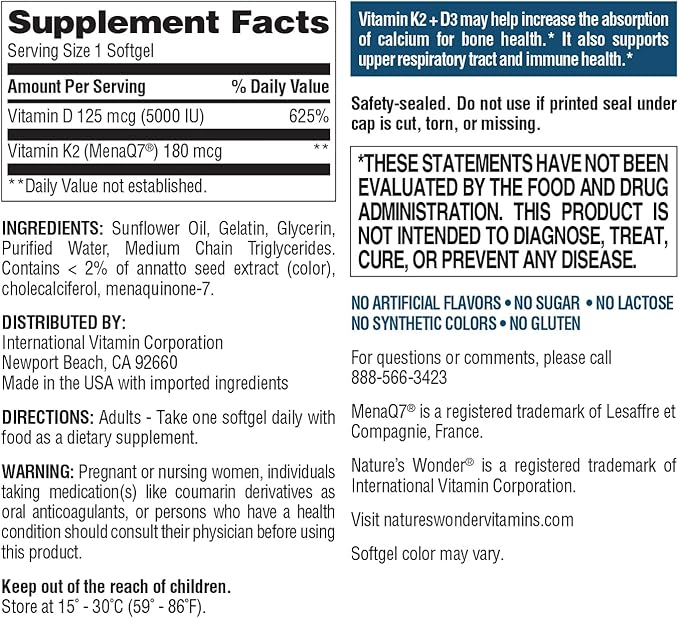 Nature's Wonder Vitamin K2 + D3 with MenaQ7 for Cardiovascular, Brain, Bone and Muscle Health, 120 Softgels, 120 Day Supply