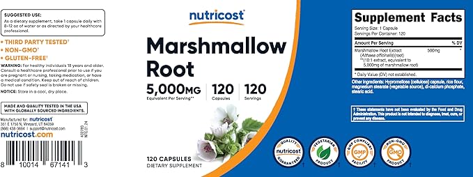 Nutricost Marshmallow Root 5000mg Equivalent, 120 Vegetarian Capsules - Gluten Free & Non-GMO - from 500mg of 10:1 Extract